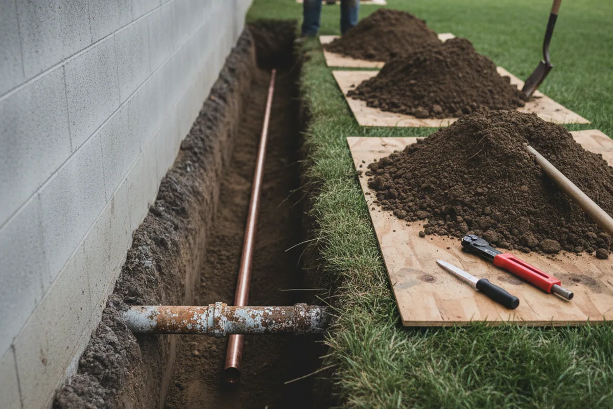 Excavated water line trench during Water Heater Repair in Robinson Creek